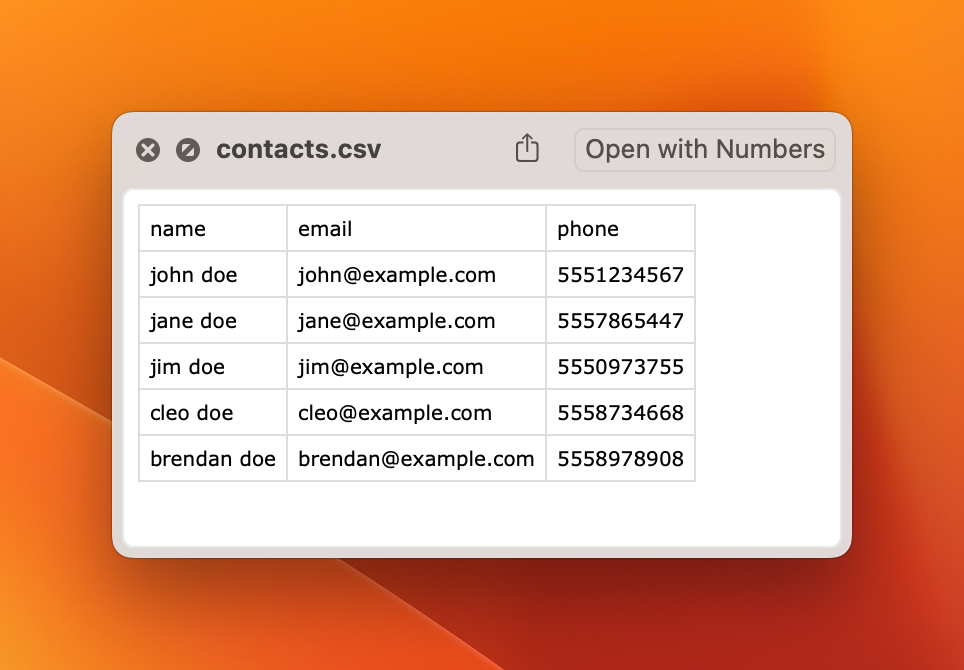 Sample contacts CSV file