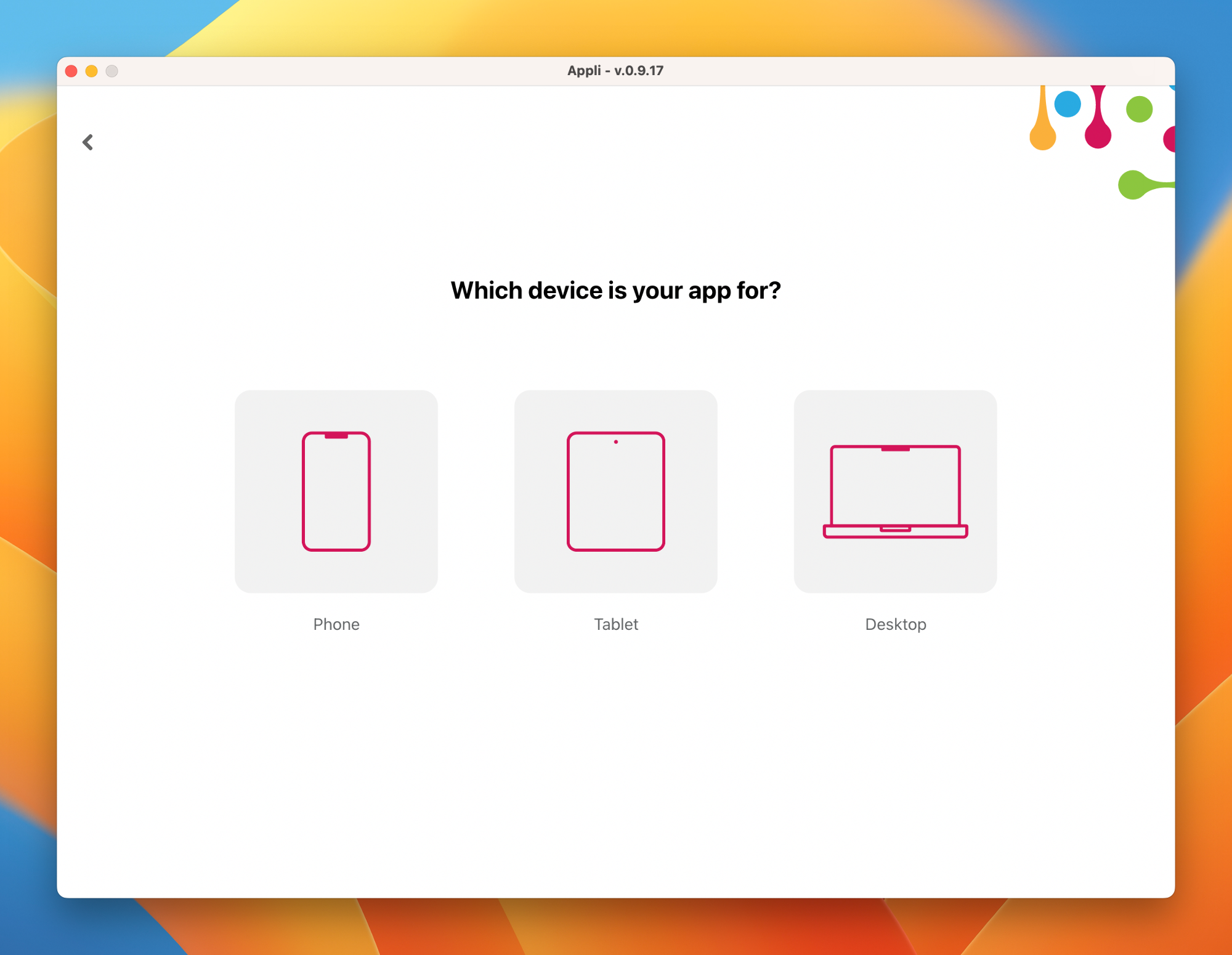 Platform selection screen showing mobile, tablet, and desktop device categories.