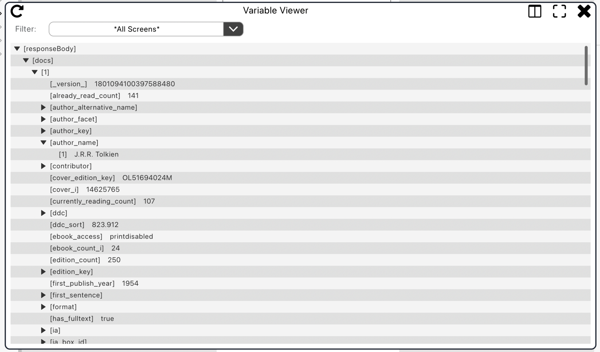 Variable viewer showing the responseBody array