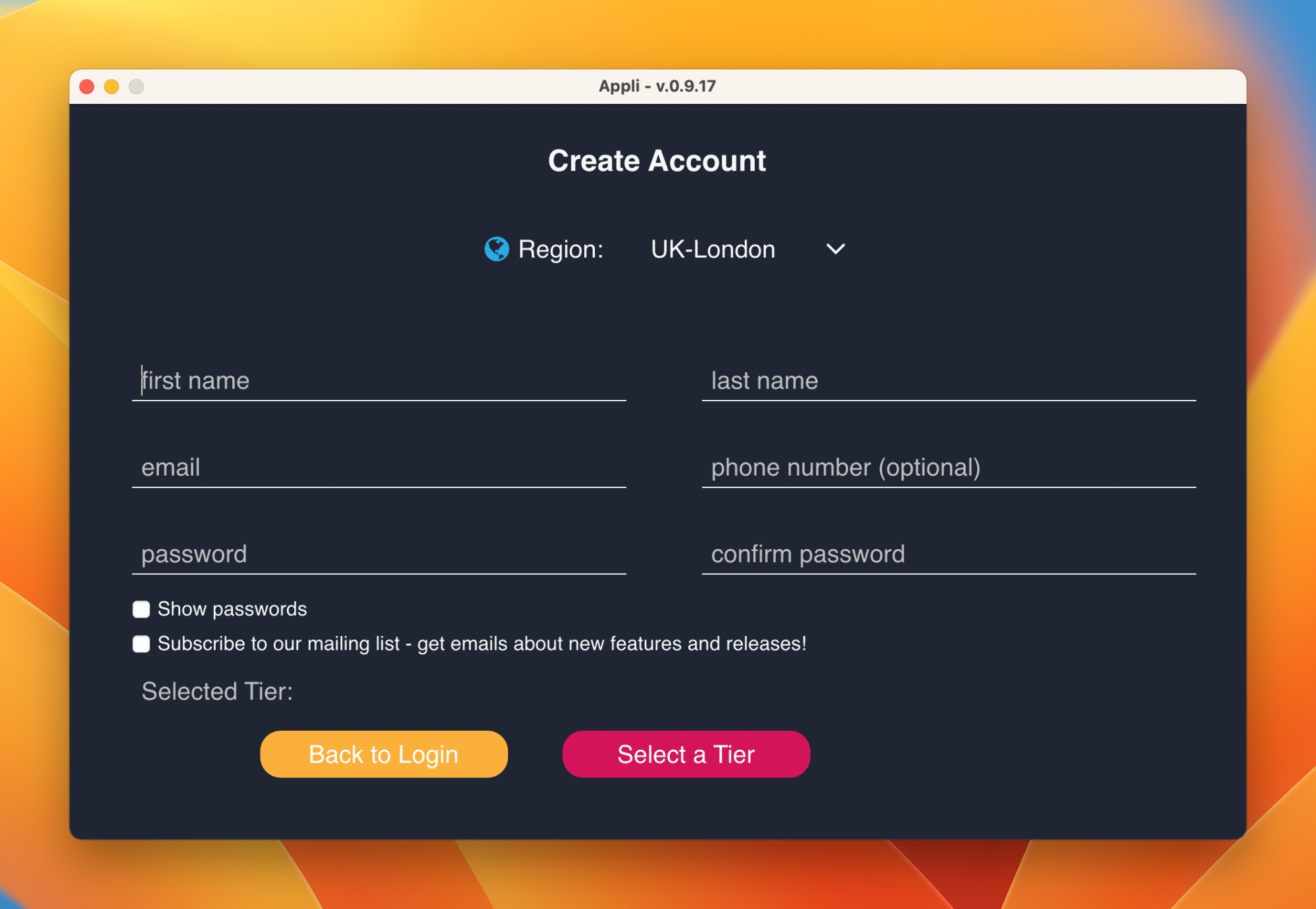 Create Account Screen