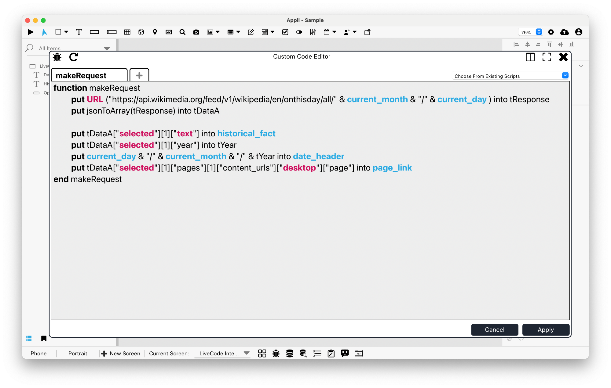 Custom code editor showing a LiveCode-based function