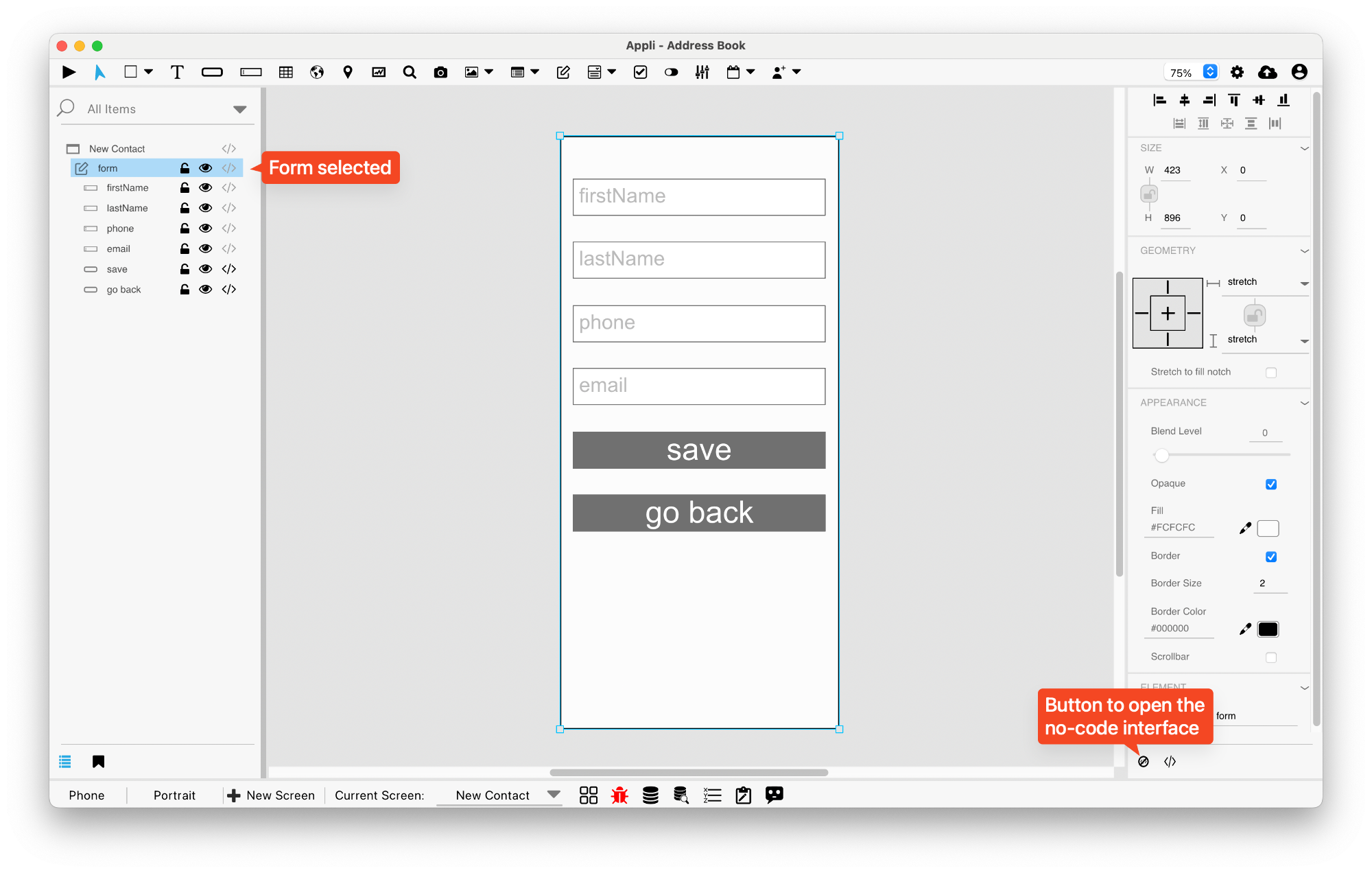 Opening the no-code interface for the form.