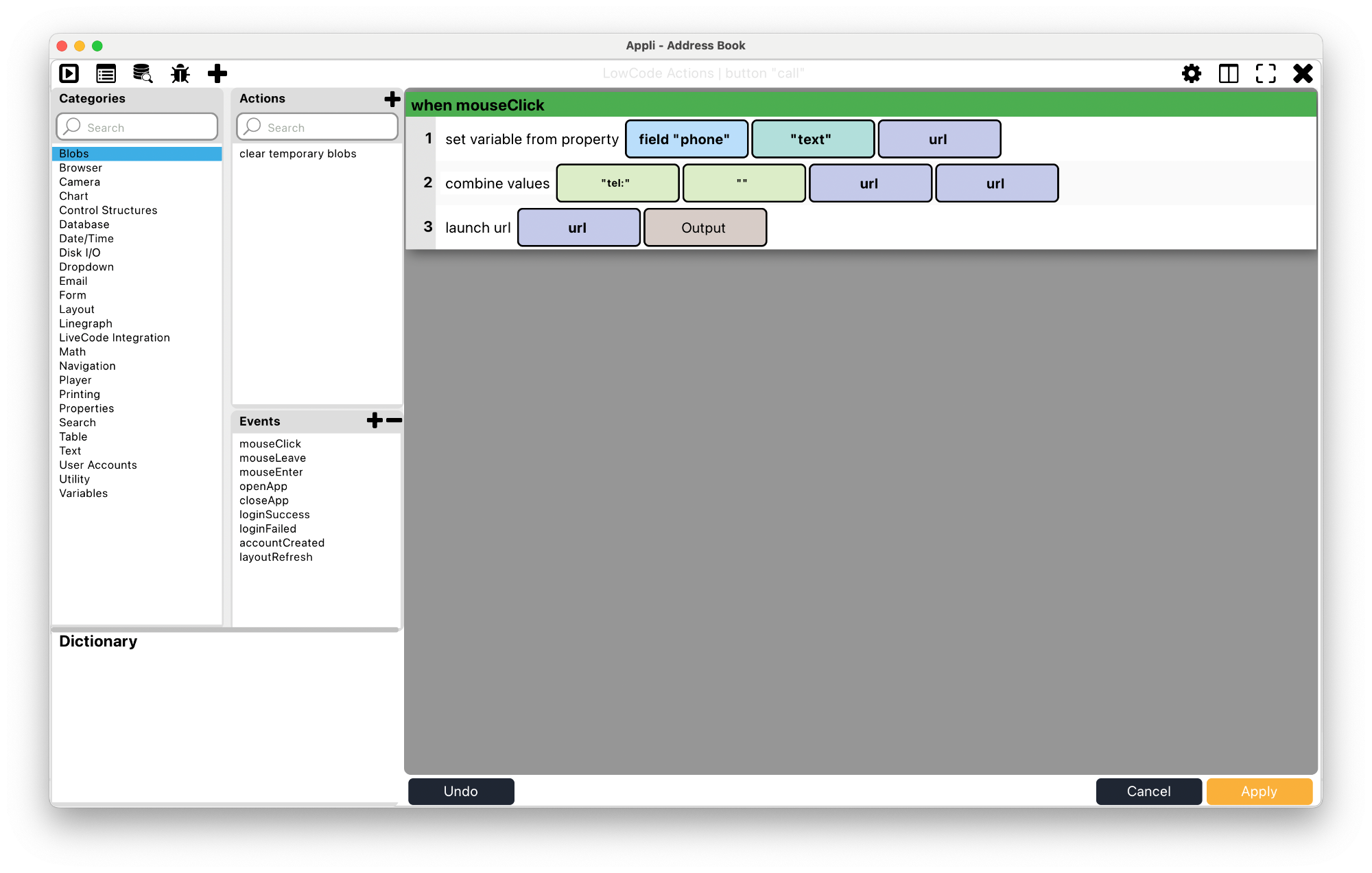 Low-code actions for the call button