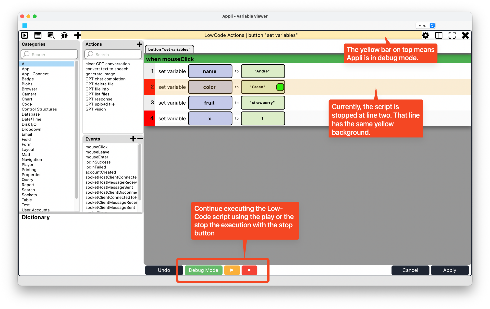 Debug Mode interface