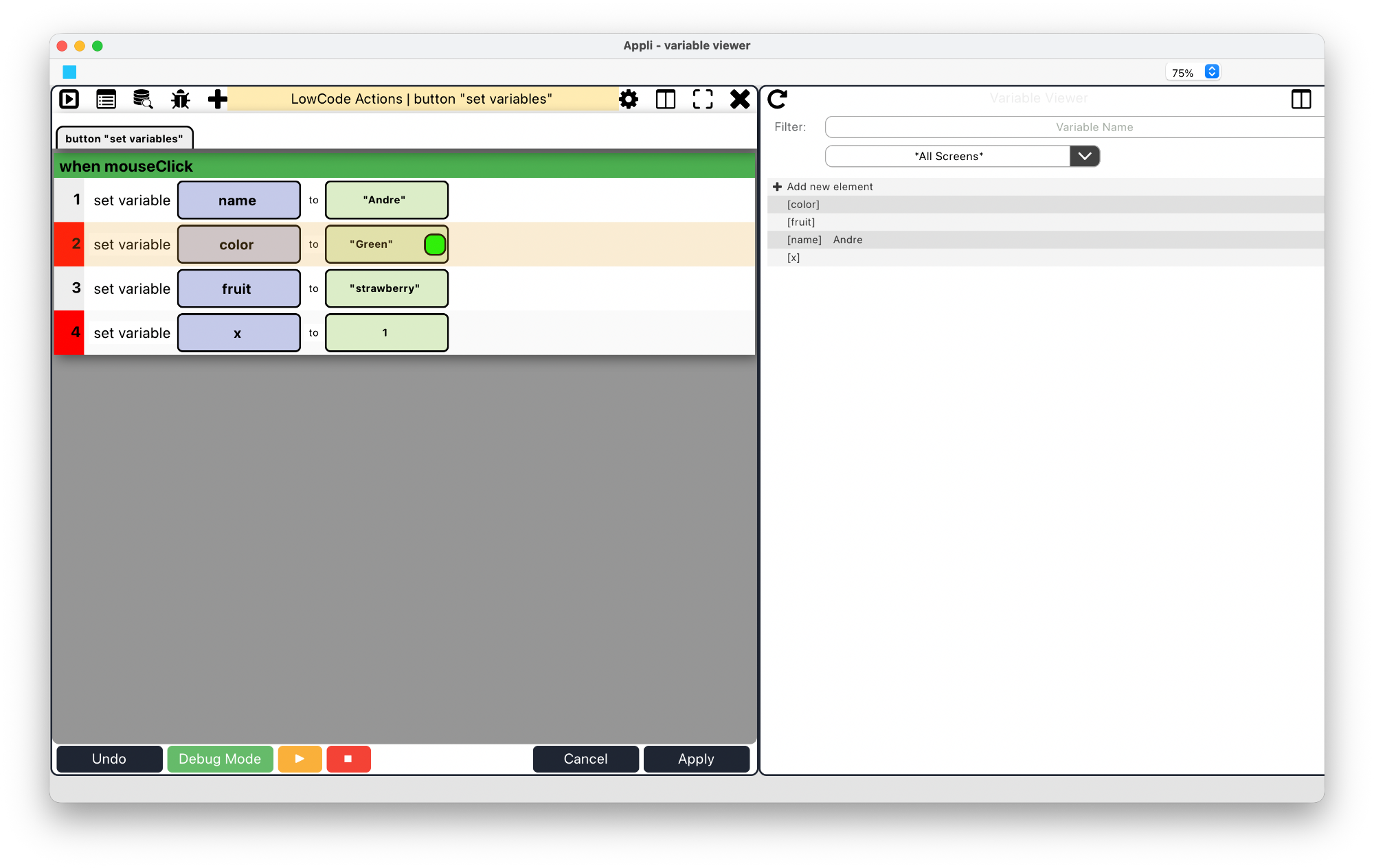 Debug Mode with Variable Viewer also opened