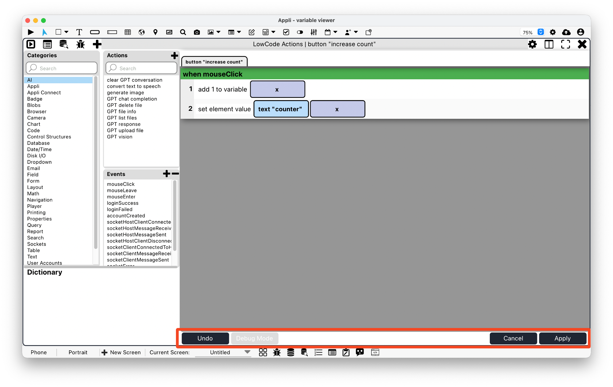 Low-Code editor buttons
