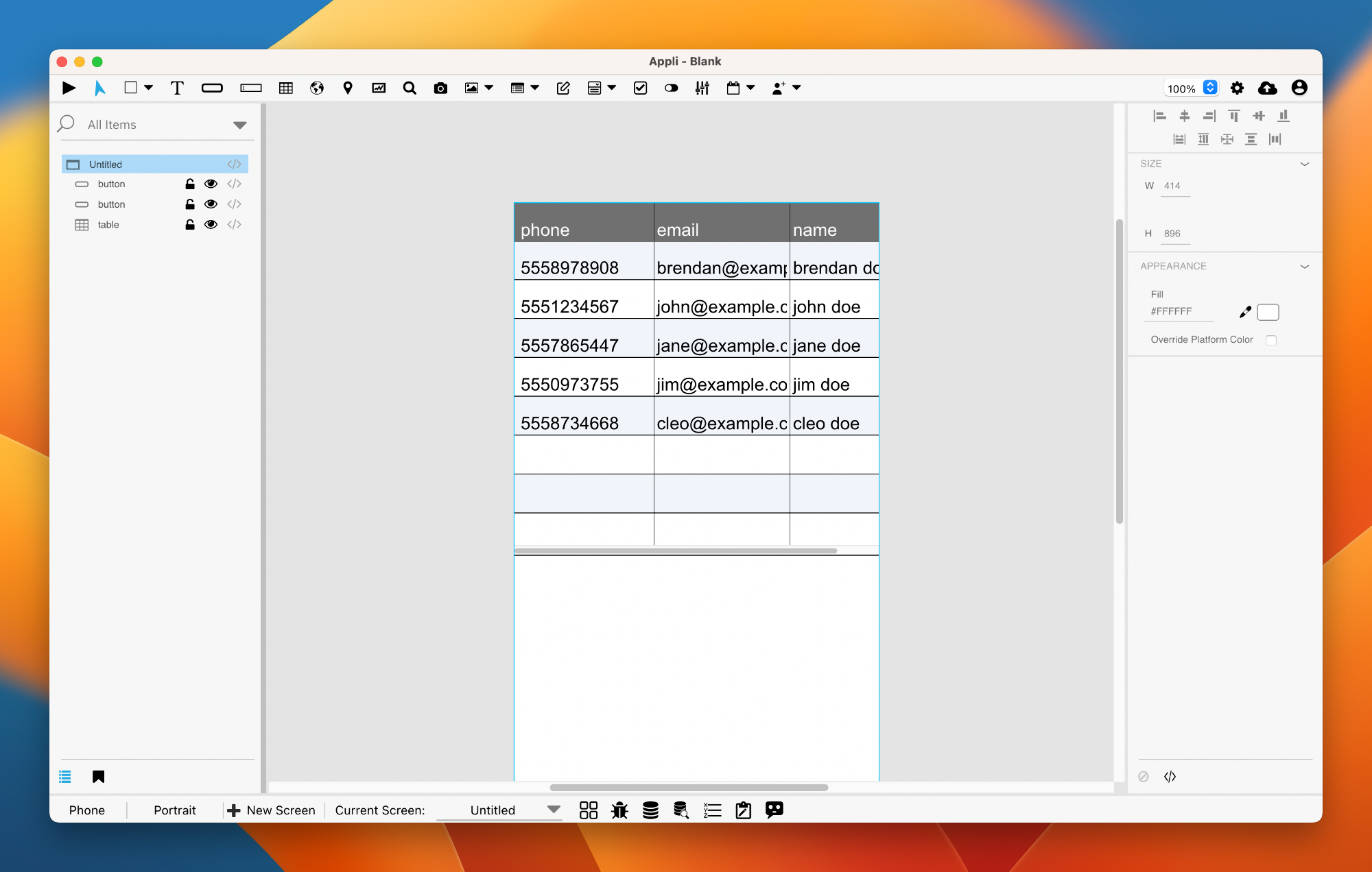 Table element created from importing a CSV