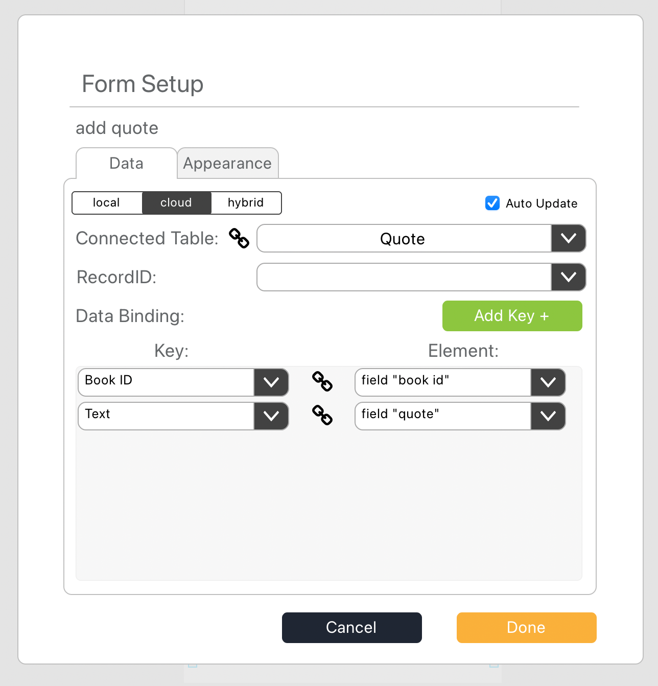 No-code configuration for the add quote form.