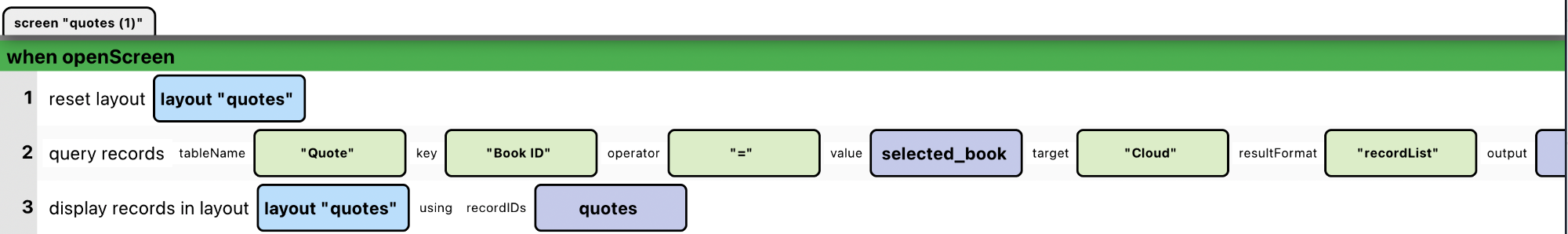 Actions for the openScreen event.